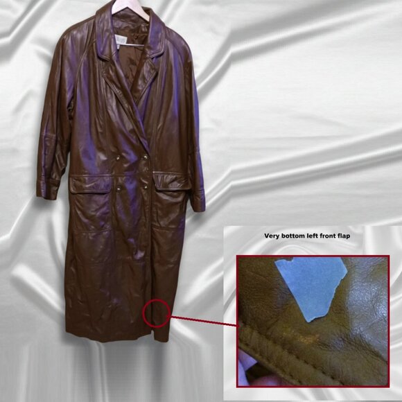 Vintage 80s Together Leather Double Breasted Maxi Trench Coat Brown Womens Sz 16 - Picture 7 of 8